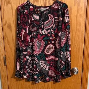 LOFT Black Paisley Blouse with Pink & Green Accents
